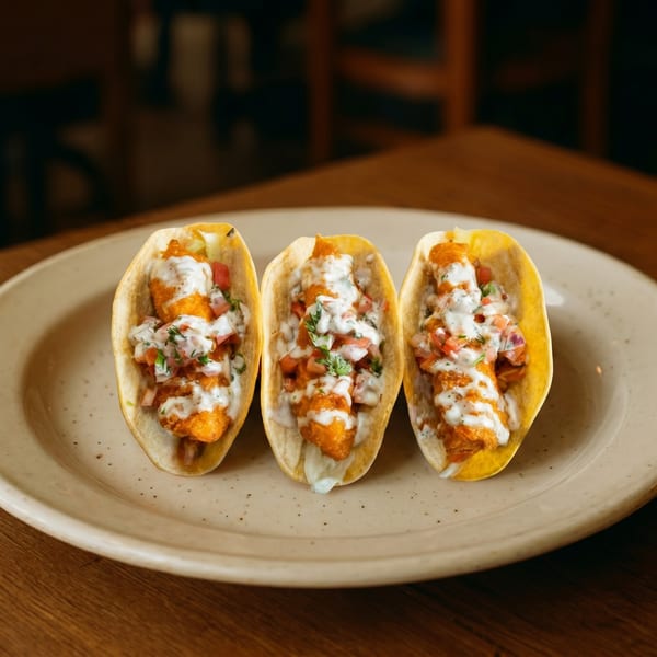 Three crispy fish tacos with white sauce and pico de gallo on a speckled plate.