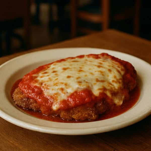 Chicken parmesan with melted mozzarella cheese and red sauce on a white plate.