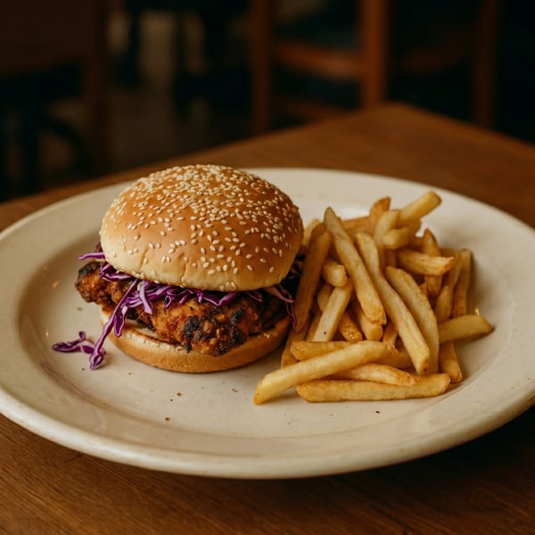 Crispy fried chicken sandwich with red cabbage slaw and a side of golden french fries.