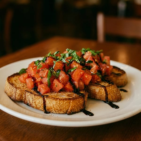 Two pieces of bruschetta topped with diced tomatoes, fresh basil, and balsamic glaze on a white plate.