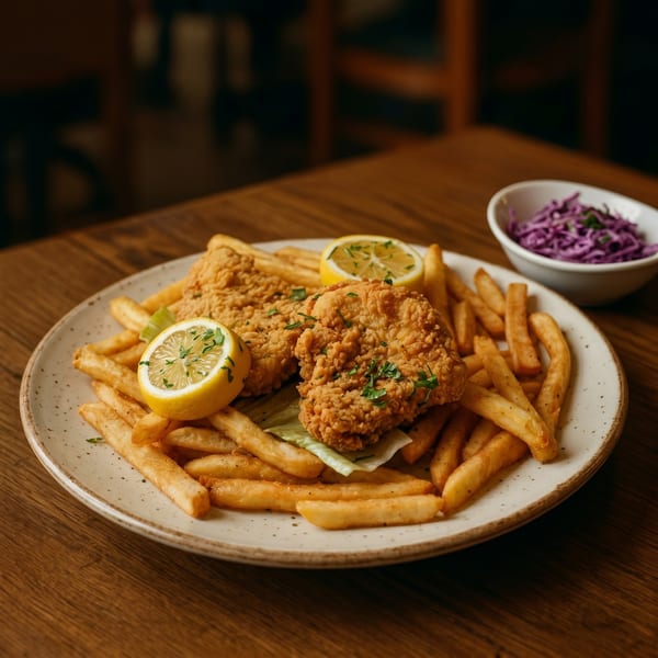 Crispy fried chicken and golden french fries with lemon wedges and a side of purple coleslaw.