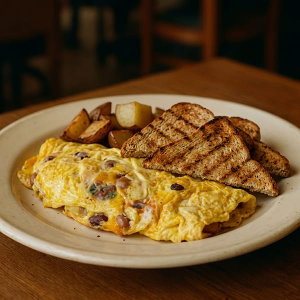 A breakfast plate with a cheesy omelet, roasted potatoes, and grilled toast on a wooden table.
