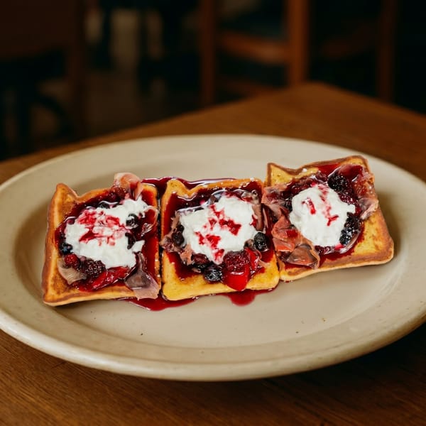 Three pieces of French toast topped with berries, cream, and prosciutto on a light plate.