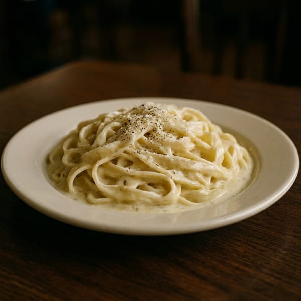 Creamy fettuccine alfredo with black pepper and grated cheese on a white plate.