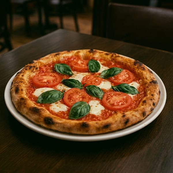 A freshly baked Margherita pizza with tomato slices, mozzarella, and basil on a white plate.